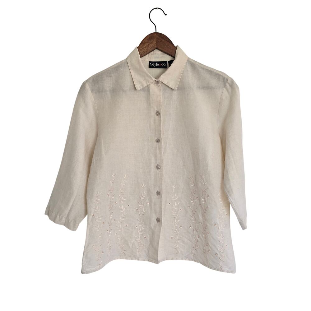 Style & Co Linen Blend Embroidered Button Down Ivory Top Size 8